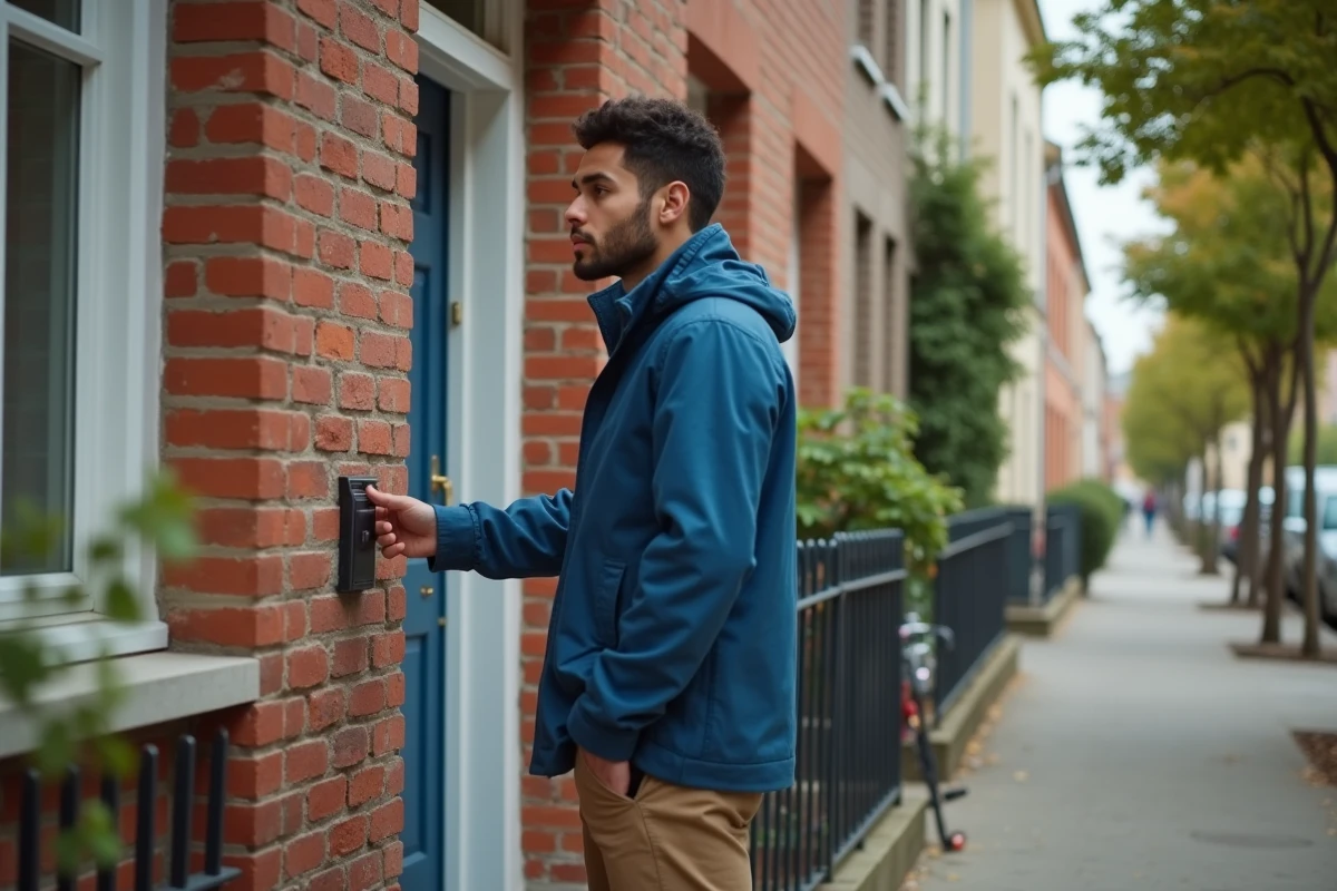Jeune homme d&eacute;verrouillant la porte d