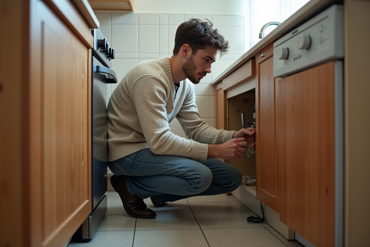 Jeune homme inspecte une fuite d eau sous l evier
