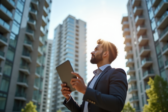 Investisseur immobilier jeune examinant bâtiments modernes en ville