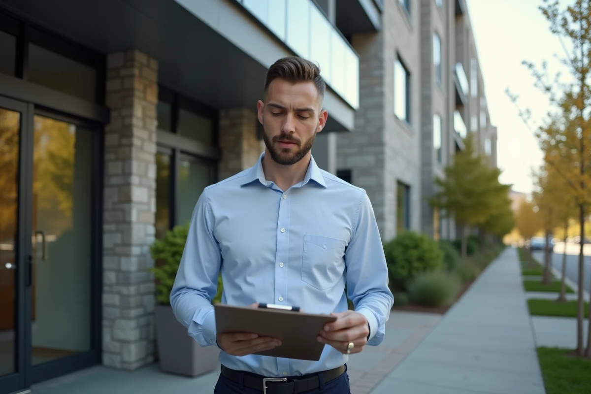 Jeune homme vérifiant un dossier devant un immeuble moderne