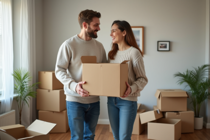 Jeune couple soulevant une caisse dans un salon moderne