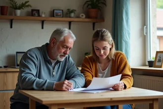 Femme et jeune homme lisant un contrat de location dans une cuisine