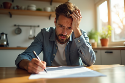Locataire inquiet avec papiers et notice legale dans la cuisine