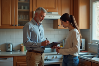 Proprietaire et locataire examinent l'évier de cuisine