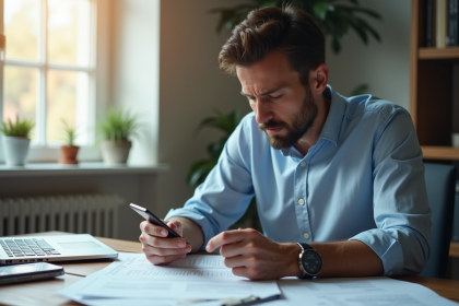 Locataire stressé regardant des avis de loyer impayés