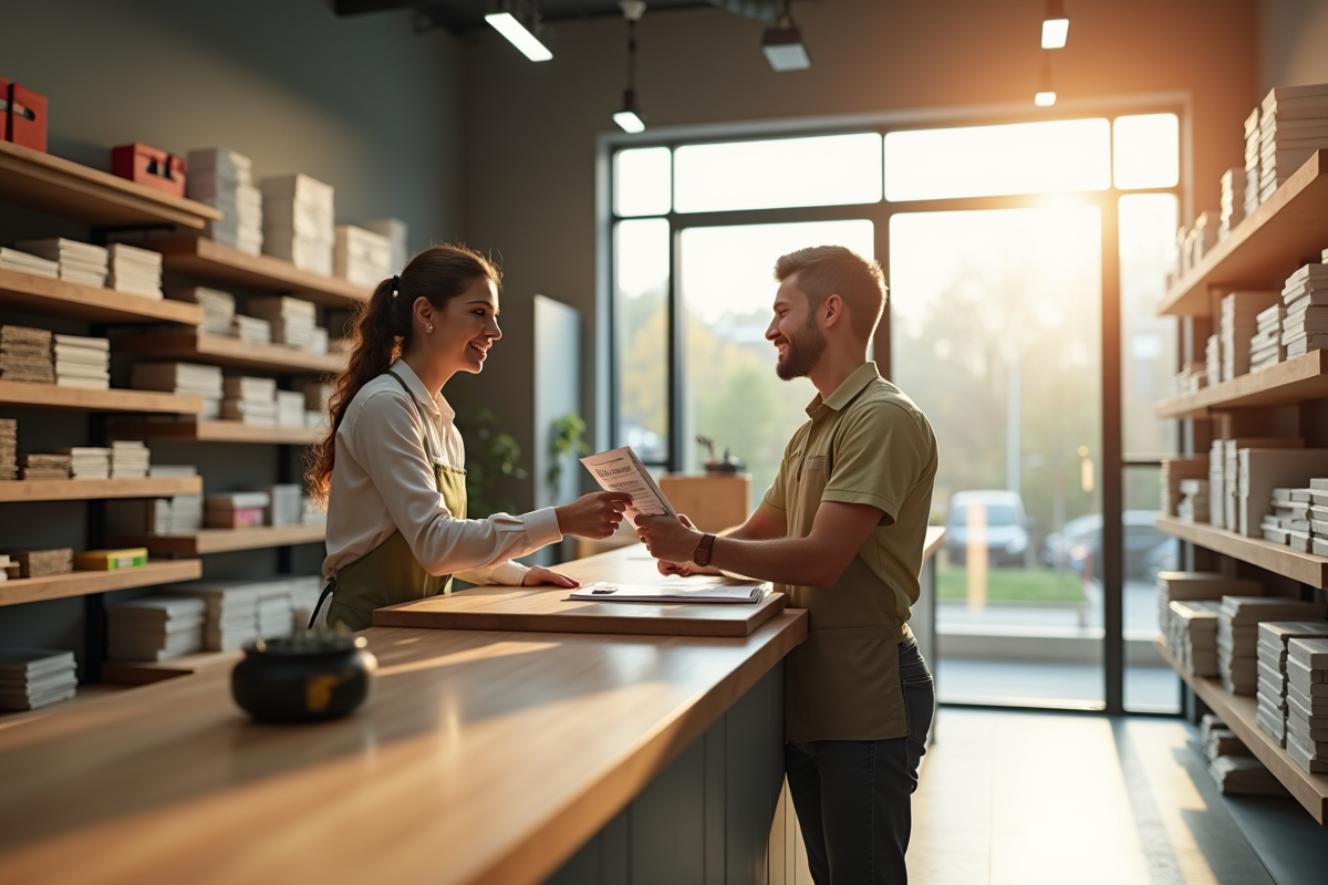 Vendeur donnant une brochure sur les ecoloans dans un magasin de matériaux durables