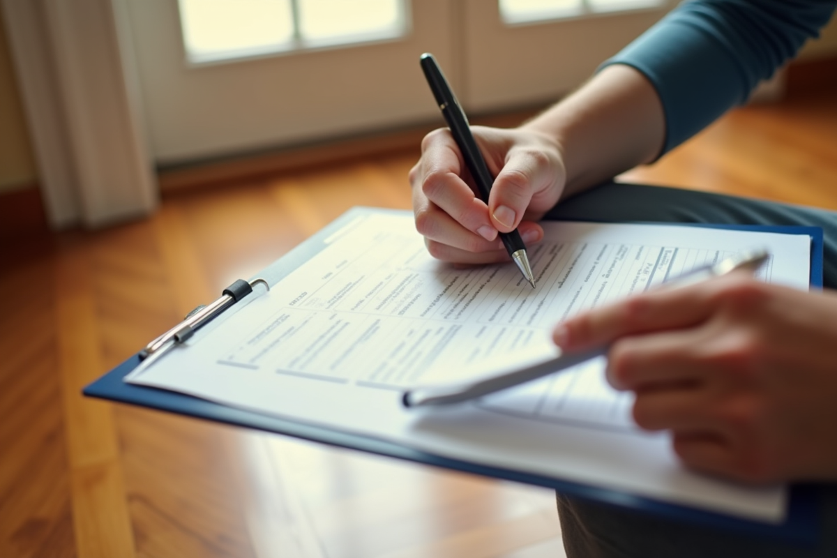 Mains tenant une checklist d inspection sur un parquet propre