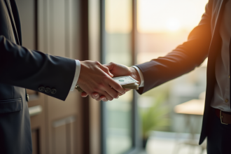 Main remettant de l'argent au propriétaire devant un appartement