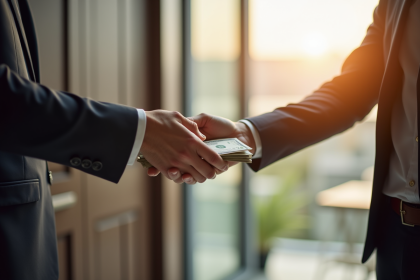 Main remettant de l'argent au propriétaire devant un appartement