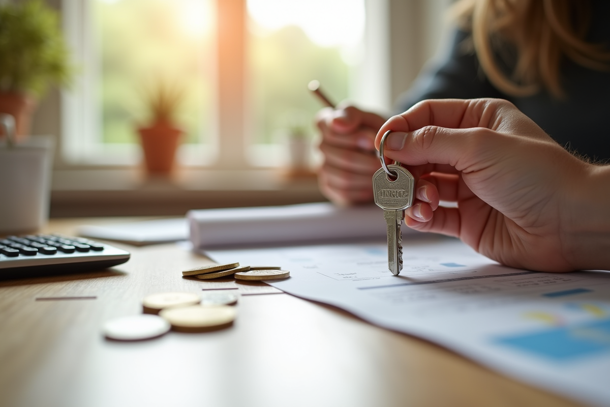 Main tenant des clés de maison avec documents fiscaux et pièces d euro
