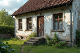 Façade d'une vieille maison avec peinture écaillée et fenêtres en bois