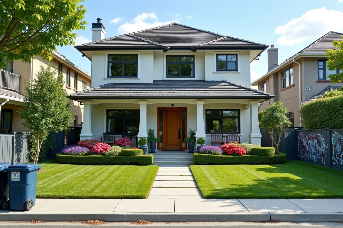 Maison moderne bien entretenue avec jardin soigné et fleurs colorées