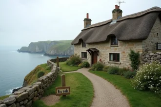 Maison normande en pierre avec toit de chaume au bord des falaises de la côte d'Albâtre, panneau à vendre dans le jardin sauvage