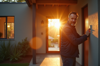 Propriétaire confiant verrouillant la porte d une maison moderne