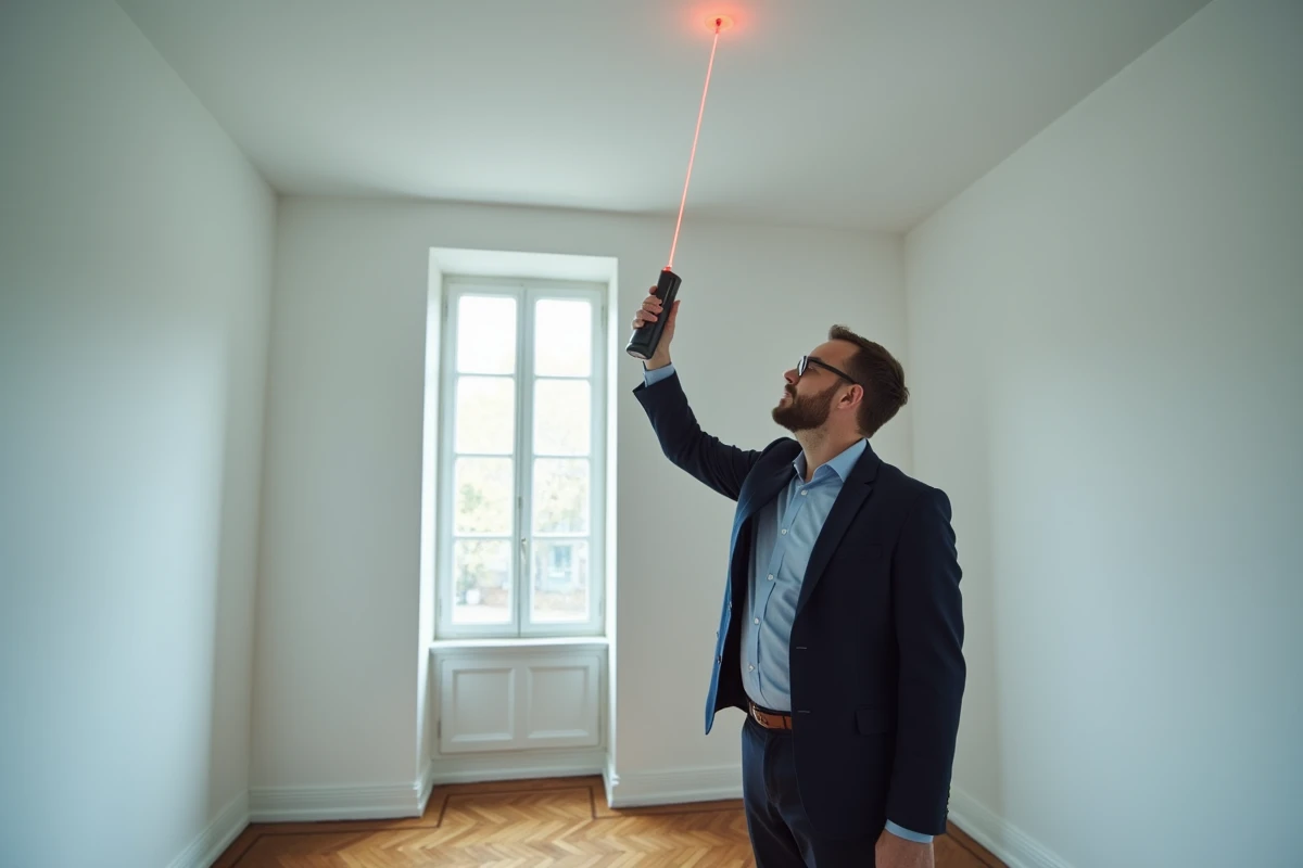 Professionnel de l'immobilier mesurant la hauteur sous plafond d'une chambre vide avec un télémètre laser