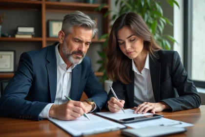 Couple d'affaires examinant des documents dans un bureau notarial