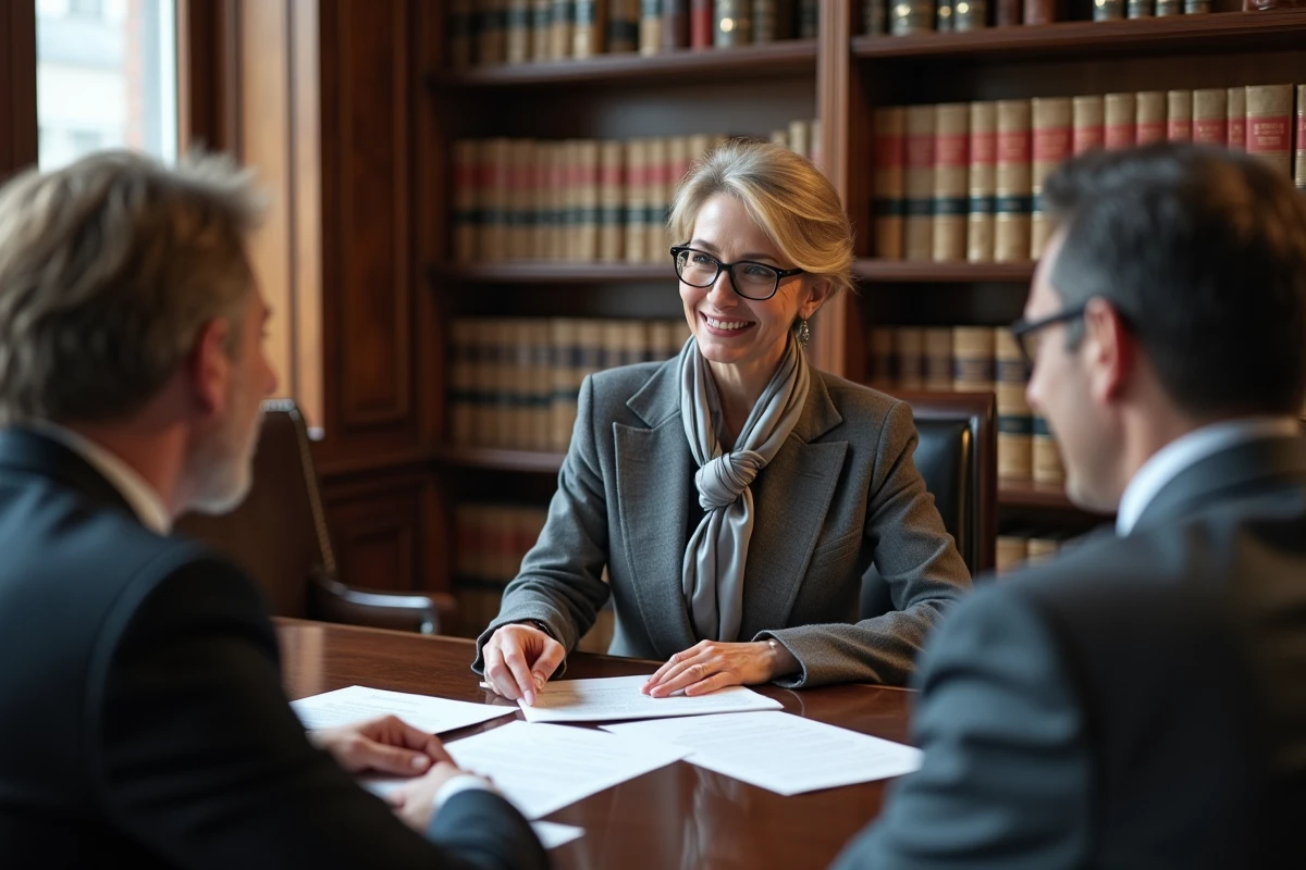 Notaire expliquant documents de vente &agrave; un couple souriant