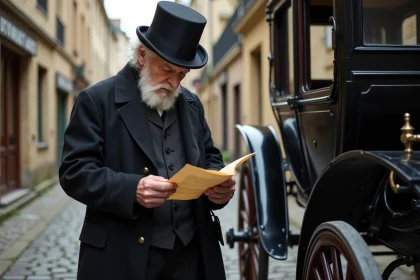 Notaire &acirc;g&eacute; en 19e si&egrave;cle pr&egrave;s d'une cal&egrave;che &agrave; Limoges