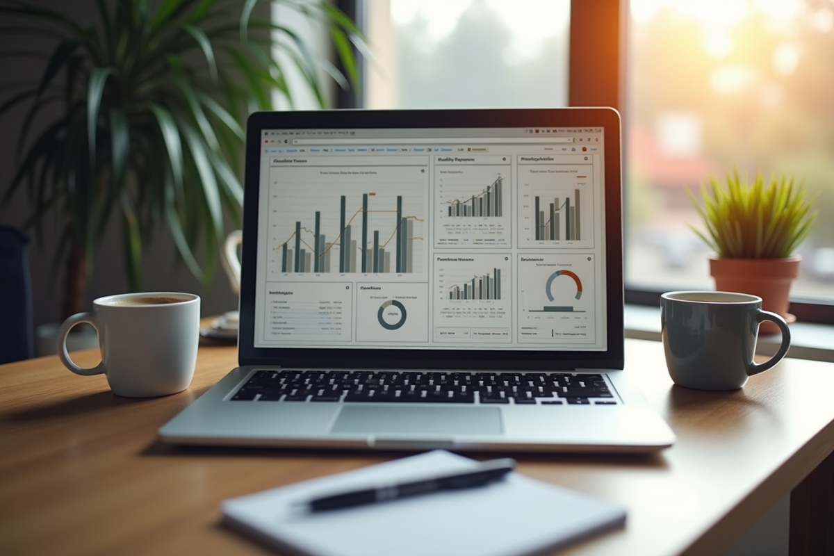 Ordinateur portable avec graphiques et annonces immobilières sur un bureau cosy