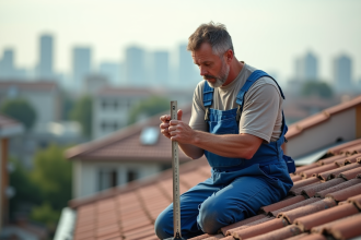 Ouvrier mesurant un toit résidentiel avec une règle métallique
