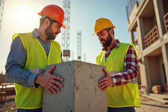 Deux ouvriers comparant une brique en béton et un panneau de particules sur un chantier