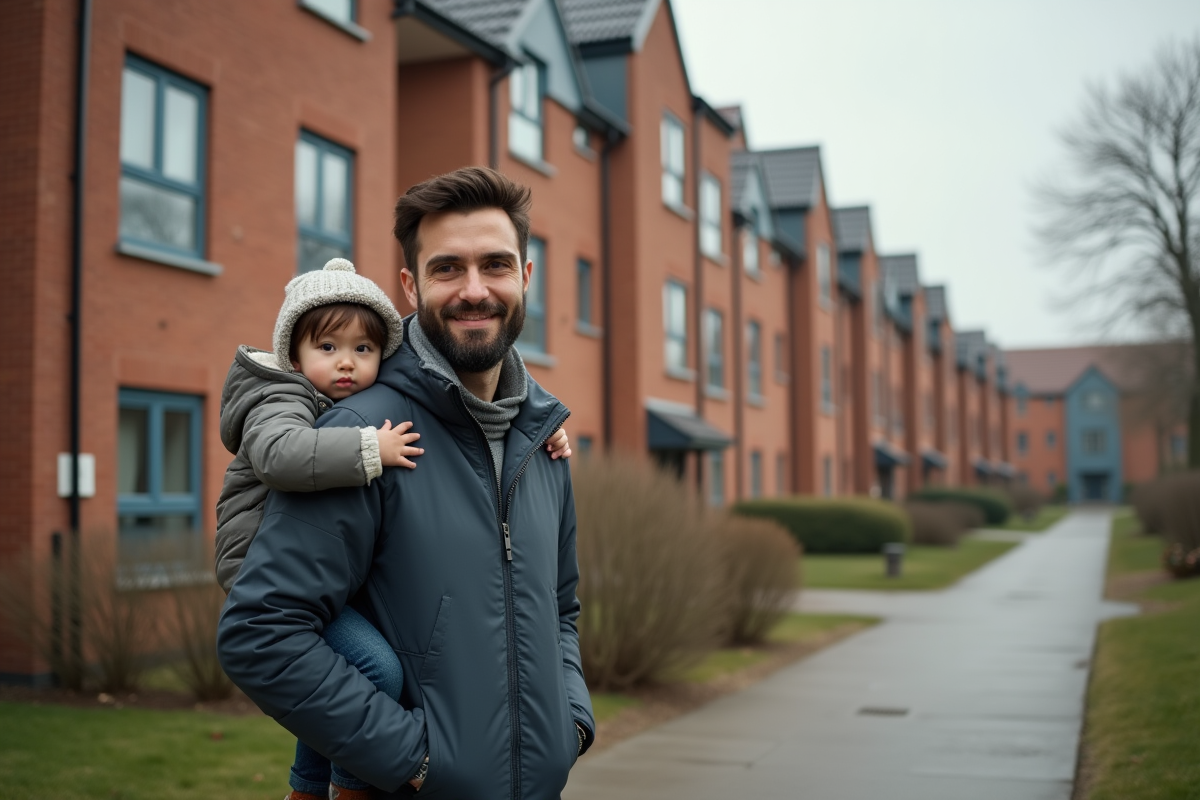 Père avec sa fille devant un immeuble social en milieu urbain