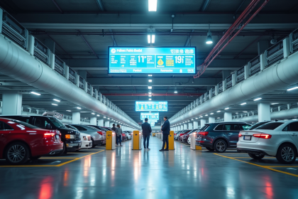 Garage moderne avec voitures et paiement mobile