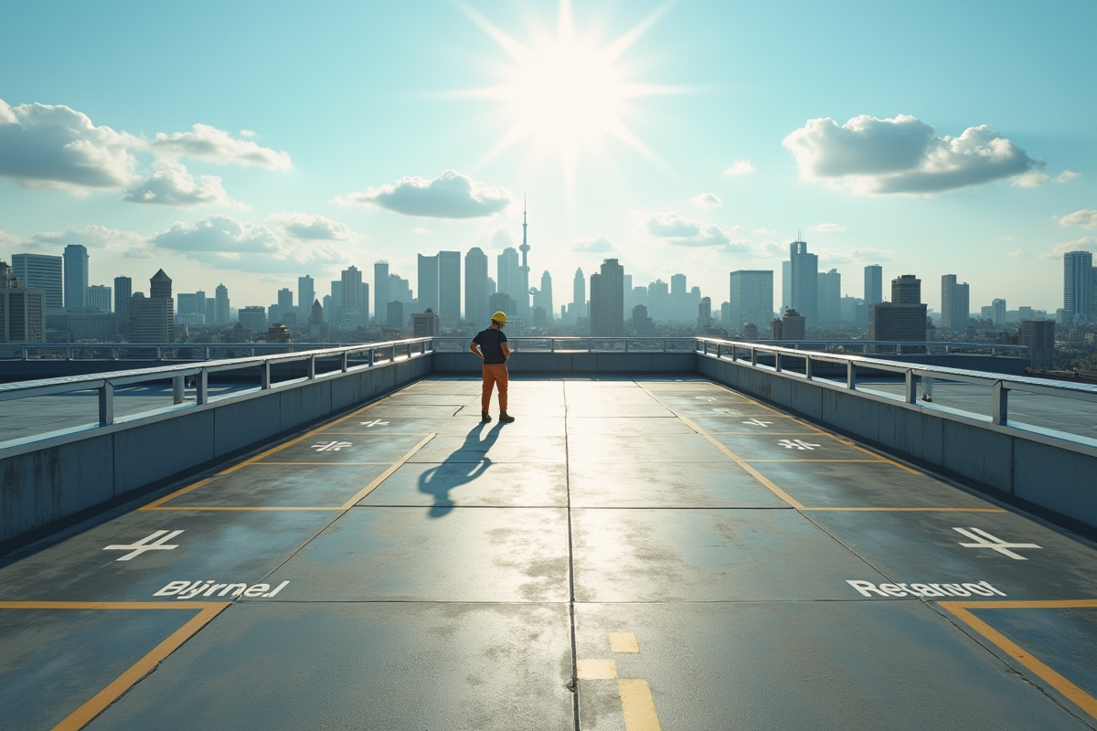 Parking sur toit avec panneaux solaires et surveillance