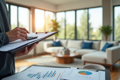 Personne tenant un contrat immobilier et une calculatrice dans un salon lumineux