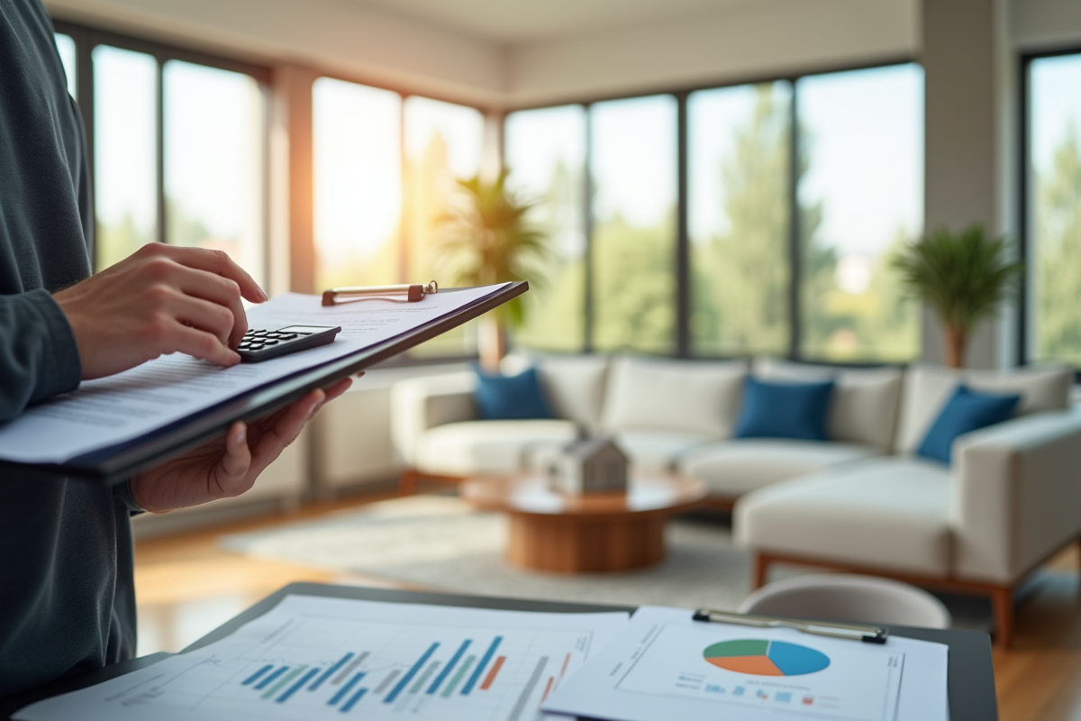 Personne tenant un contrat immobilier et une calculatrice dans un salon lumineux