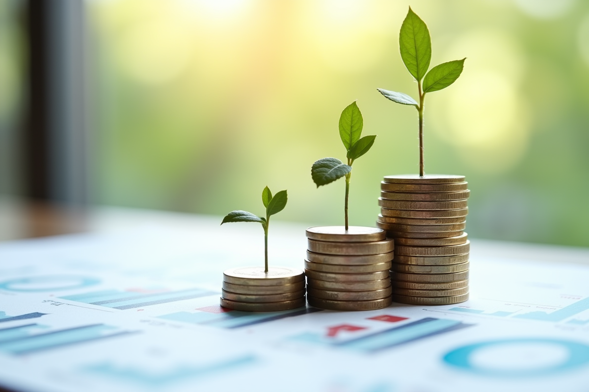 Pièces de monnaie empilées avec une plante verte sur un rapport financier