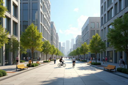 Place moderne en ville avec piétons et cyclistes