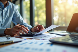 Professionnel confiant examinant documents fiscaux au bureau