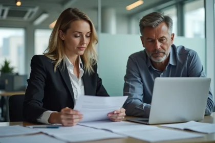 Femme professionnelle en r&eacute;union avec un coll&egrave;gue au bureau