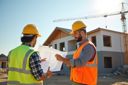 Deux professionnels du bâtiment examinant des plans sur un chantier moderne