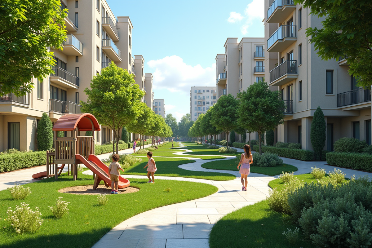 Rue résidentielle paisible avec aire de jeux et enfants