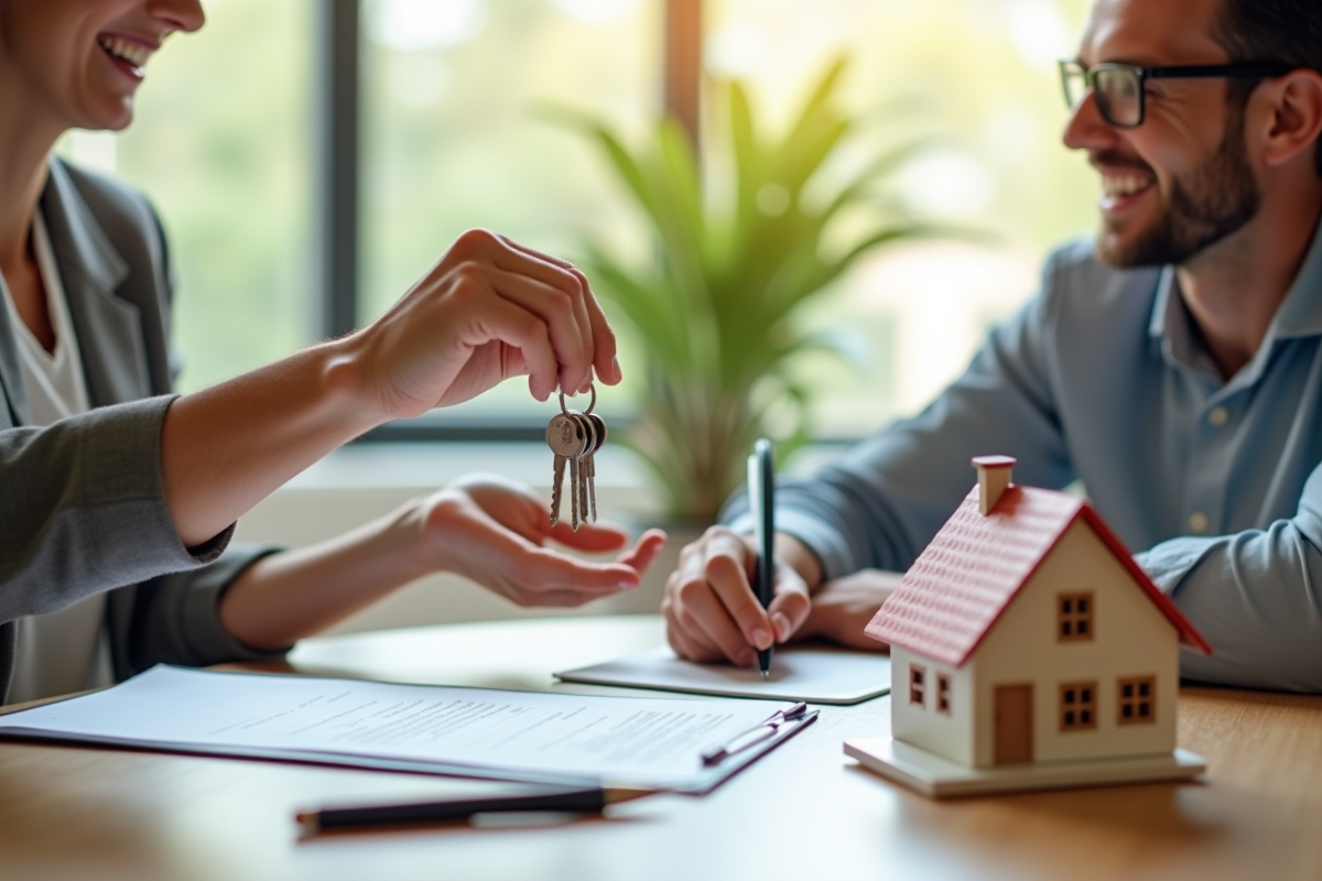 Personnes échangeant des clés de maison dans un intérieur lumineux