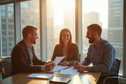 Jeune couple rencontrant un conseiller financier dans un bureau lumineux