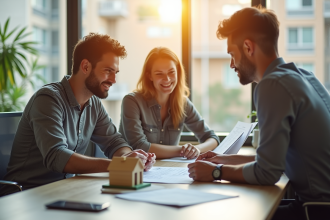 Couple avec conseiller financier et maison en modèle