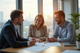 Jeune couple souriant rencontrant un conseiller bancaire dans un bureau moderne