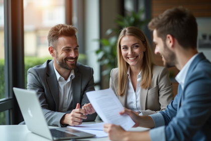 Couple professionnel rencontrant un conseiller immobilier dans un bureau moderne
