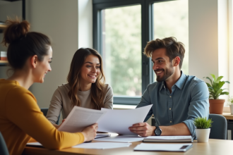 Jeune couple rencontrant un conseiller logement dans un bureau lumineux