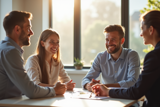 Jeune couple souriant rencontrant un agent immobilier dans un bureau lumineux