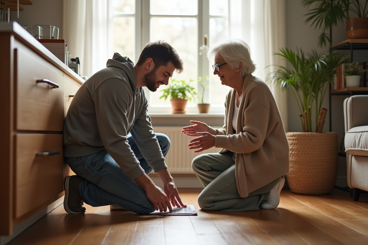 Jeune homme répare une porte de meuble dans le salon