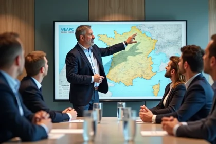 Homme d affaires pointant une carte dans une r&eacute;union