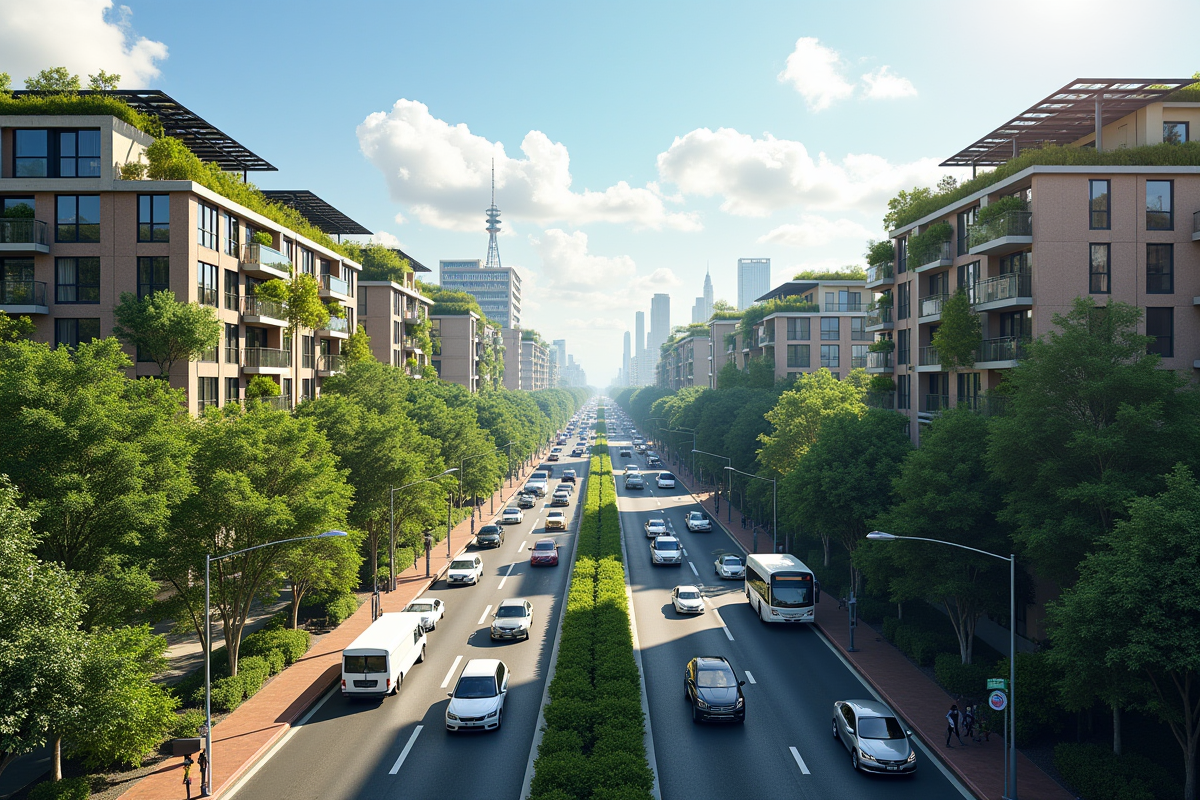 Rue urbaine avec ecoquartier solaire et bâtiments anciens congestionnés
