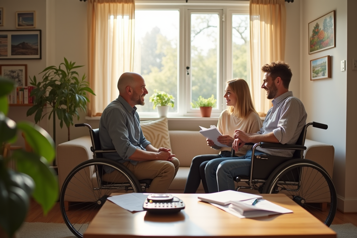 Espace de vie accessible avec personnes discutant et papiers financiers