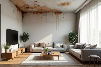Salon moderne avec dégâts d'eau visibles au plafond