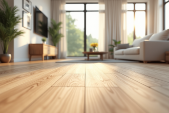 Salon lumineux avec parquet en chene et mobilier minimaliste