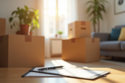 Salon organisé avec cartons et checklist pour déménagement
